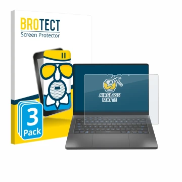 Face avant d’un emballage produit avec le logo de la marque BROTECT. À côté, l’appareil ASUS ROG Zephyrus G14 2025 GA403 est r