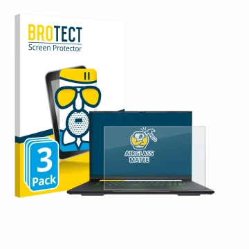 Face avant d’un emballage produit avec le logo de la marque BROTECT. À côté, l’appareil Gigabyte AERO X16 2025 est représenté 