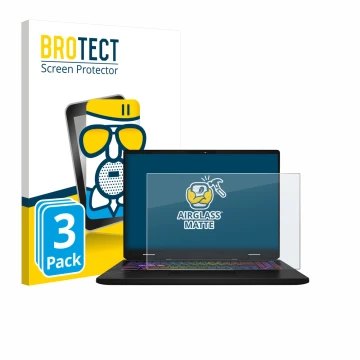 Face avant d’un emballage produit avec le logo de la marque BROTECT. À côté, l’appareil MSI Vector 16 HX AI est représenté ave