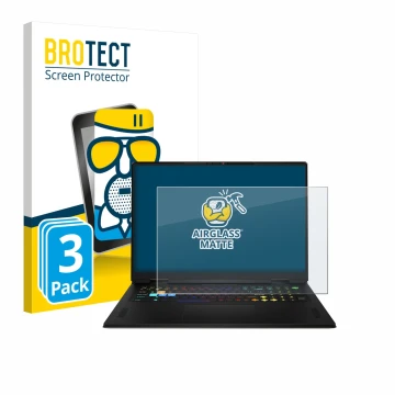 Face avant d’un emballage produit avec le logo de la marque BROTECT. À côté, l’appareil MSI Vector A18 HX 2025 est représenté 
