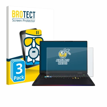 Face avant d’un emballage produit avec le logo de la marque BROTECT. À côté, l’appareil MSI Raider 18 HX AI 2025 est représent