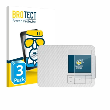 Face avant d’un emballage produit avec le logo de la marque BROTECT. À côté, l’appareil Canon Selphy CP1500 Mini est représent