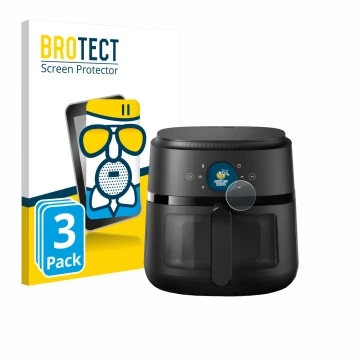 Face avant d’un emballage produit avec le logo de la marque BROTECT. À côté, l’appareil Philips Airfryer 2000 Gen 2 6,2L est r