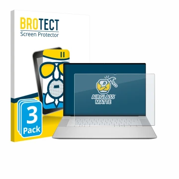 Face avant d’un emballage produit avec le logo de la marque BROTECT. À côté, l’appareil Dell 16 Premium Laptop est représenté 