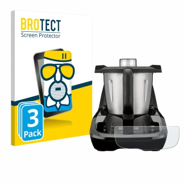 Face avant d’un emballage produit avec le logo de la marque BROTECT. À côté, l’appareil SilverCrest Monsieur Cuisine compact e