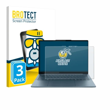 Face avant d’un emballage produit avec le logo de la marque BROTECT. À côté, l’appareil Lenovo Yoga Slim 7 Gen 10 14