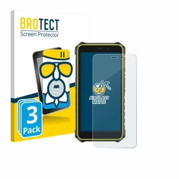 Face avant d’un emballage produit avec le logo de la marque BROTECT. À côté, l’appareil Ulefone RugKing 2 Pro est représenté a