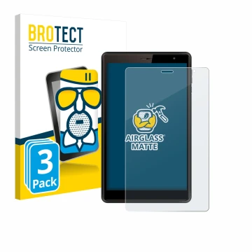 Face avant d’un emballage produit avec le logo de la marque BROTECT. À côté, l’appareil Logicom Tab 80 8