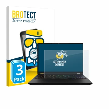 Face avant d’un emballage produit avec le logo de la marque BROTECT. À côté, l’appareil XMG Apex 16 Max est représenté avec la