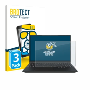 Face avant d’un emballage produit avec le logo de la marque BROTECT. À côté, l’appareil Tuxedo InfinityBook Max 15 Gen 10 est 