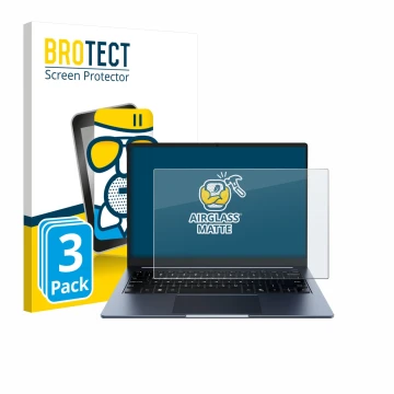 Face avant d’un emballage produit avec le logo de la marque BROTECT. À côté, l’appareil Chuwi CoreBook Air 14