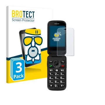 Face avant d’un emballage produit avec le logo de la marque BROTECT. À côté, l’appareil Simvalley Mobile XL-970 est représenté