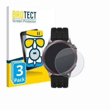 Face avant d’un emballage produit avec le logo de la marque BROTECT. À côté, l’appareil Huawei Watch GT Runner 2 est représent