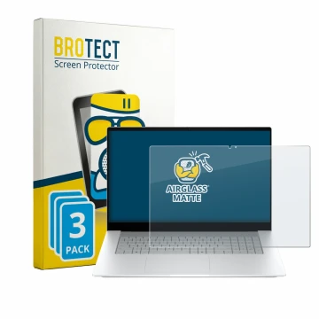 Face avant d’un emballage produit avec le logo de la marque BROTECT. À côté, l’appareil HP OmniBook X 17-de0776ngx est représe
