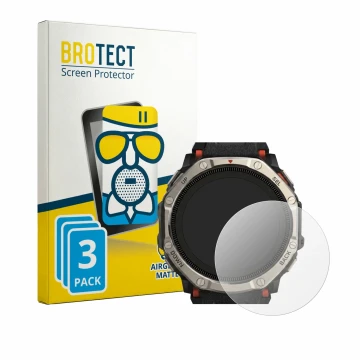 Face avant d’un emballage produit avec le logo de la marque BROTECT. À côté, l’appareil Huami Amazfit T-Rex Dual Solar est rep