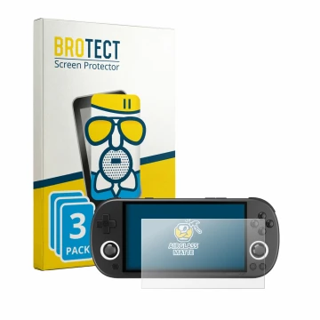 Face avant d’un emballage produit avec le logo de la marque BROTECT. À côté, l’appareil Trimui Smart Pro est représenté avec l