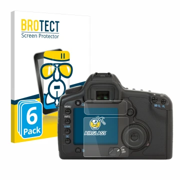 Face avant d’un emballage produit avec le logo de la marque BROTECT. À côté, l’appareil Canon EOS 5D est représenté avec la pr