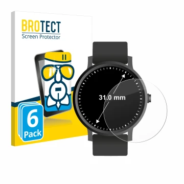 Face avant d’un emballage produit avec le logo de la marque BROTECT. À côté, l’appareil Montres (circulaire, ø: 31 mm) est rep