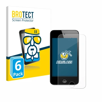 Face avant d’un emballage produit avec le logo de la marque BROTECT. À côté, l’appareil Apple iPod Touch (4ème Gen.) est repré