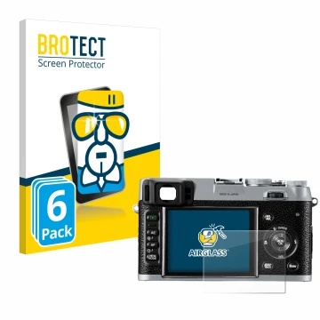 Face avant d’un emballage produit avec le logo de la marque BROTECT. À côté, l’appareil Fujifilm FinePix X100 est représenté a