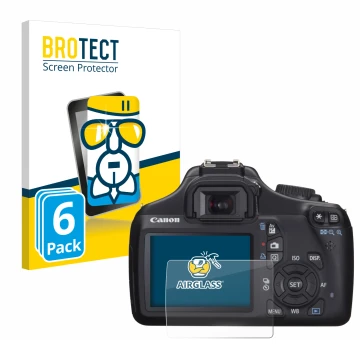 Face avant d’un emballage produit avec le logo de la marque BROTECT. À côté, l’appareil Canon EOS 1100D est représenté avec la
