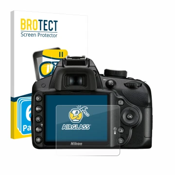 Face avant d’un emballage produit avec le logo de la marque BROTECT. À côté, l’appareil Nikon D3200 est représenté avec la pro
