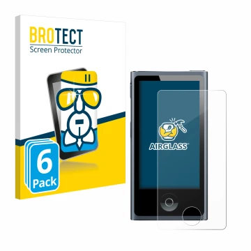 Face avant d’un emballage produit avec le logo de la marque BROTECT. À côté, l’appareil Apple iPod nano 2012 (7ème Gen.) est r