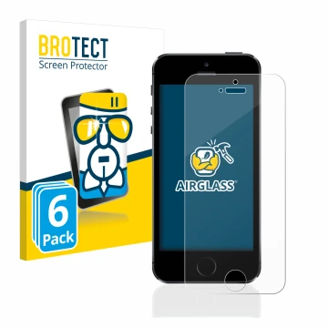 Face avant d’un emballage produit avec le logo de la marque BROTECT. À côté, l’appareil Apple iPhone 5S est représenté avec la