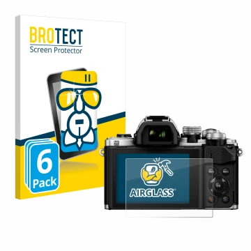 Face avant d’un emballage produit avec le logo de la marque BROTECT. À côté, l’appareil Olympus OM-D E-M10 Mark II est représe