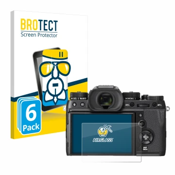 Face avant d’un emballage produit avec le logo de la marque BROTECT. À côté, l’appareil Fujifilm X-T2 est représenté avec la p