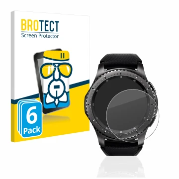 Face avant d’un emballage produit avec le logo de la marque BROTECT. À côté, l’appareil Samsung Gear S3 Frontier est représent