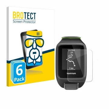 Face avant d’un emballage produit avec le logo de la marque BROTECT. À côté, l’appareil TomTom Runner 3 est représenté avec la