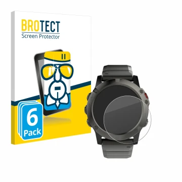 Face avant d’un emballage produit avec le logo de la marque BROTECT. À côté, l’appareil Garmin Fenix 5X (51 mm) est représenté