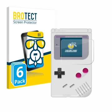 Face avant d’un emballage produit avec le logo de la marque BROTECT. À côté, l’appareil Nintendo Gameboy (1989) est représenté