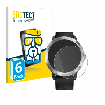 Face avant d’un emballage produit avec le logo de la marque BROTECT. À côté, l’appareil Garmin vivoactive 3 est représenté ave