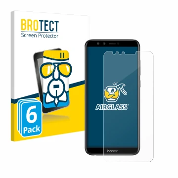 Face avant d’un emballage produit avec le logo de la marque BROTECT. À côté, l’appareil Honor 9 Lite est représenté avec la pr