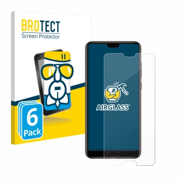 Face avant d’un emballage produit avec le logo de la marque BROTECT. À côté, l’appareil Huawei P20 est représenté avec la prot