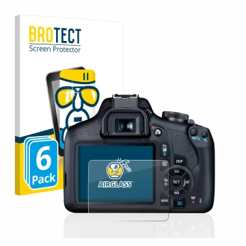 Face avant d’un emballage produit avec le logo de la marque BROTECT. À côté, l’appareil Canon EOS 2000D est représenté avec la
