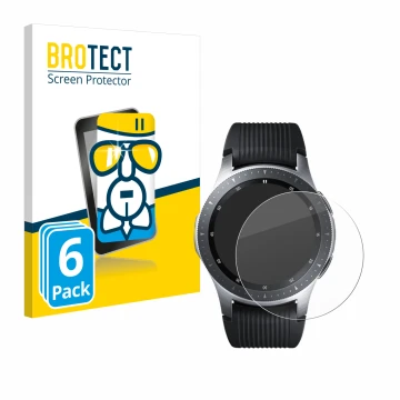 Face avant d’un emballage produit avec le logo de la marque BROTECT. À côté, l’appareil Samsung Galaxy Watch (46 mm) est repré