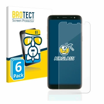 Face avant d’un emballage produit avec le logo de la marque BROTECT. À côté, l’appareil Samsung Galaxy J6 2018 est représenté 