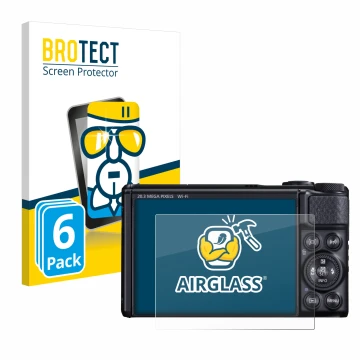 Face avant d’un emballage produit avec le logo de la marque BROTECT. À côté, l’appareil Canon PowerShot SX740 HS est représent