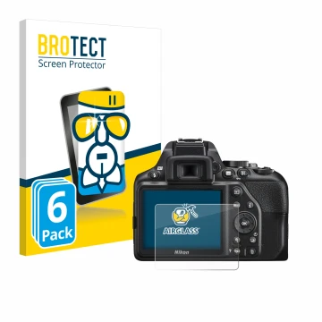 Face avant d’un emballage produit avec le logo de la marque BROTECT. À côté, l’appareil Nikon D3500 est représenté avec la pro