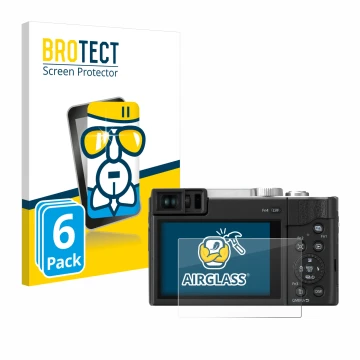 Face avant d’un emballage produit avec le logo de la marque BROTECT. À côté, l’appareil Panasonic Lumix DC-TZ96 est représenté
