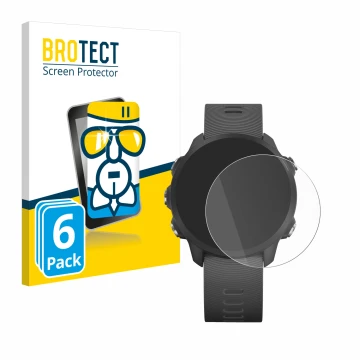 Face avant d’un emballage produit avec le logo de la marque BROTECT. À côté, l’appareil Garmin Forerunner 245 Music est représ