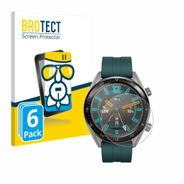 Face avant d’un emballage produit avec le logo de la marque BROTECT. À côté, l’appareil Huawei Watch GT Active est représenté 