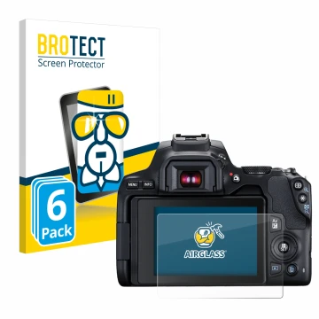 Face avant d’un emballage produit avec le logo de la marque BROTECT. À côté, l’appareil Canon EOS 250D est représenté avec la 