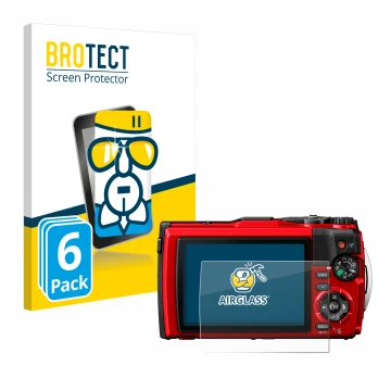 Face avant d’un emballage produit avec le logo de la marque BROTECT. À côté, l’appareil Olympus Tough TG-6 est représenté avec