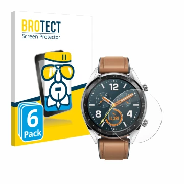 Face avant d’un emballage produit avec le logo de la marque BROTECT. À côté, l’appareil Huawei Watch GT Classic est représenté