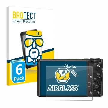 Face avant d’un emballage produit avec le logo de la marque BROTECT. À côté, l’appareil Sony Cyber-Shot DSC-RX100 VII est repr