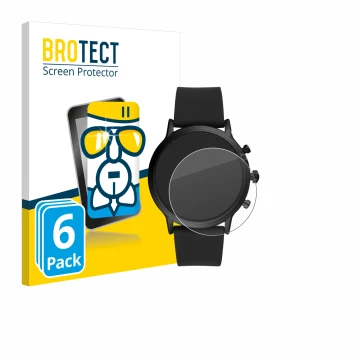 Face avant d’un emballage produit avec le logo de la marque BROTECT. À côté, l’appareil Fossil The Carlyle HR (5.Gen) est repr